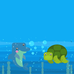 cheerful cartoon underwater scene with swimming coral reef fishes illustration