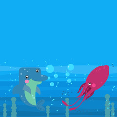 cheerful cartoon underwater scene with swimming coral reef fishes illustration