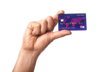 Male hand with credit card on white background