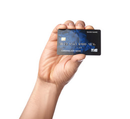 Male hand with credit card on white background