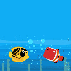 cheerful cartoon underwater scene with swimming coral reef fishes illustration