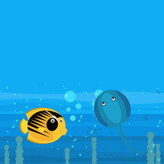 Naklejka premium cheerful cartoon underwater scene with swimming coral reef fishes illustration