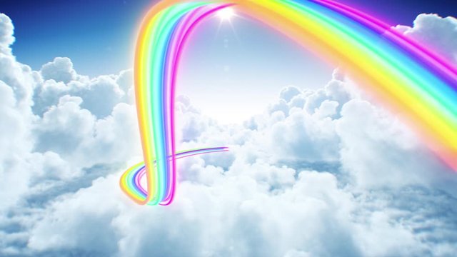 Beautiful Flight of Rainbow Colored Trail Through the Clouds Seamless. Looped 3d Animation of Flowing Futuristic Stroke Stream in the Sky. 4k Ultra HD 3840x2160