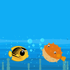 cheerful cartoon underwater scene with swimming coral reef fishes illustration
