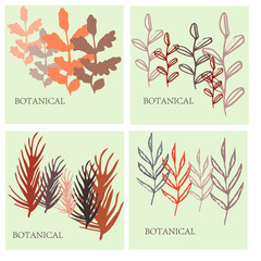 Fototapeta na wymiar Vector set of hand drawn plants in warm colors. The symbol of environmentally friendly products on a natural basis. Packaging design of cosmetics or drugs in a modern style.