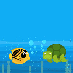 cheerful cartoon underwater scene with swimming coral reef fishes illustration