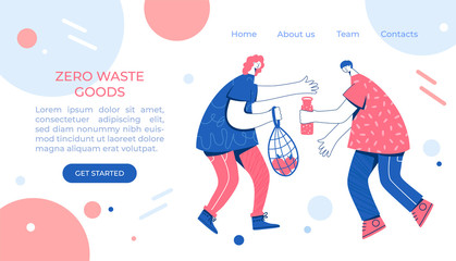 Zero waste concept. Man and woman with string bag, textile shopper and reusable water bottle.