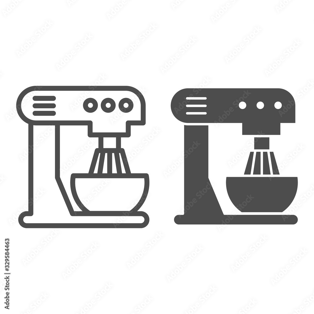Poster food processor line and solid icon. electric bowl mixer or blender with plate symbol, outline style 