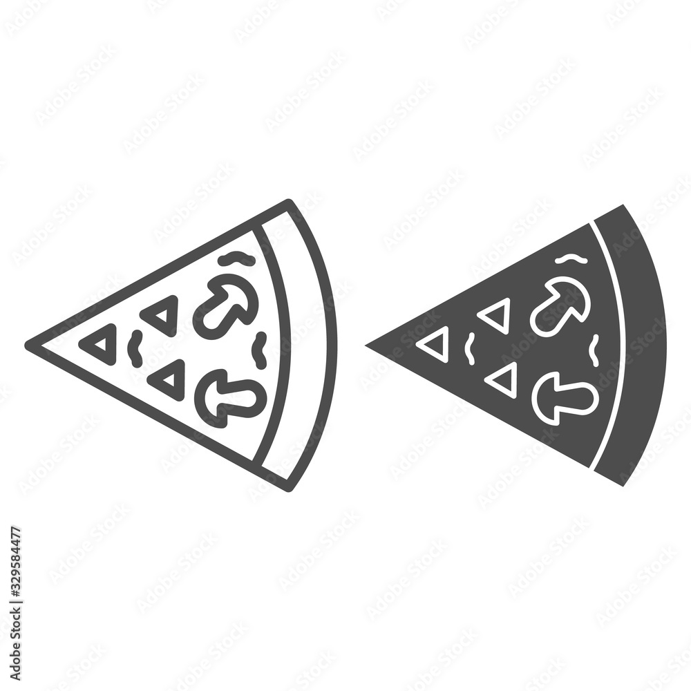 Poster mushroom pizza slice line and solid icon. piece of bun, food portion with mushrooms symbol, outline 