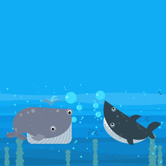cheerful cartoon underwater scene with swimming coral reef fishes illustration