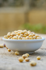 Soy bean in bowl on floor and copy space