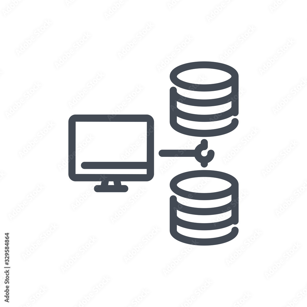 Poster connect to database line icon. computer with connection to file server vector outline sign.