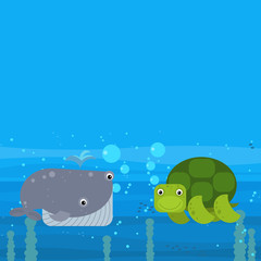 cheerful cartoon underwater scene with swimming coral reef fishes illustration