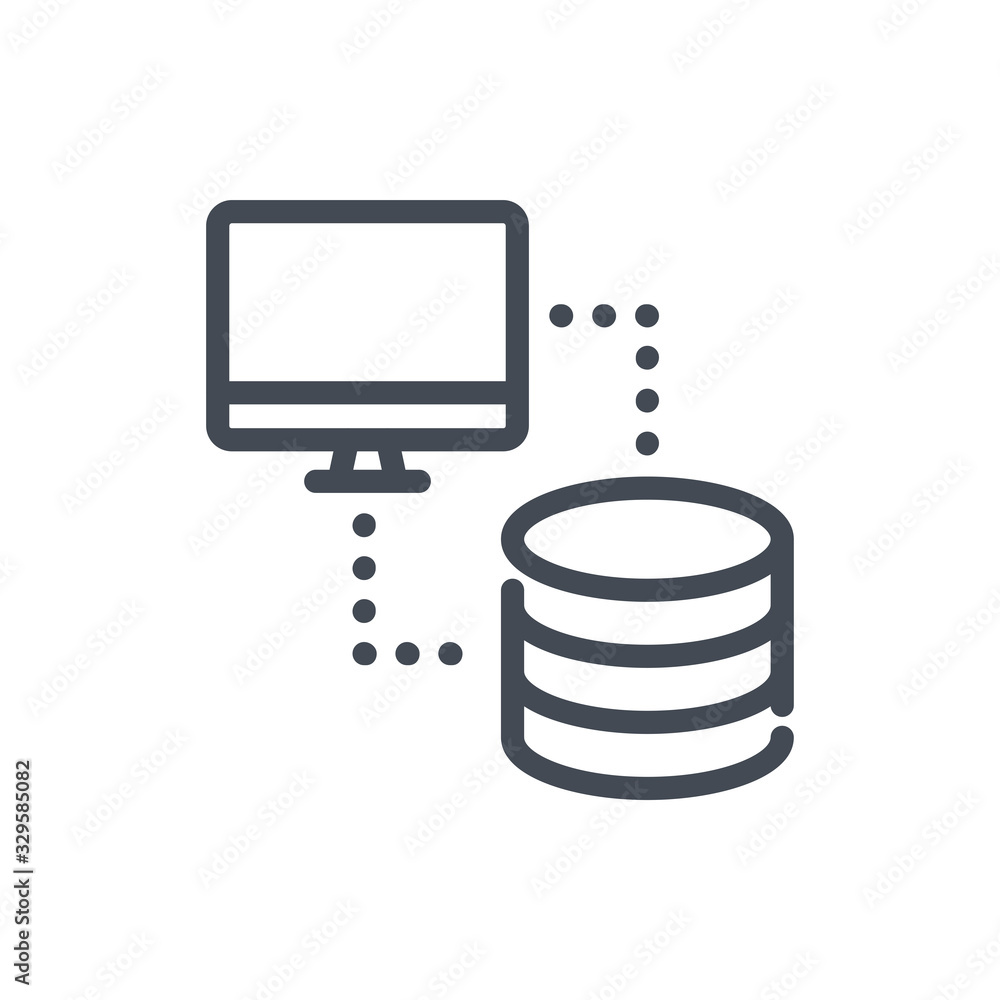 Poster database connection line icon. computer with connection to data storage vector outline sign.
