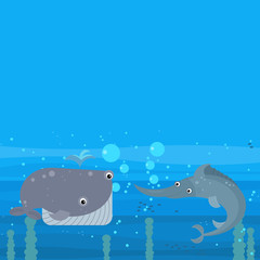 cheerful cartoon underwater scene with swimming coral reef fishes illustration