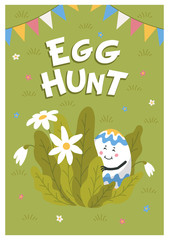 Happy easter poster. Colored egg with cute face hiding on a green lawn. Easter egg with funny face. Egg hunt. Flat style vector illustration.