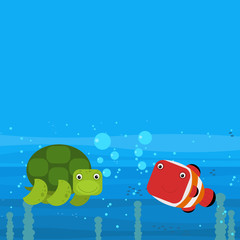cheerful cartoon underwater scene with swimming coral reef fishes illustration