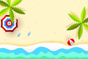 Fototapeta na wymiar Summer holidays concept, summer time background. Top view on palm tree leaves, umbrella, flip flops, beach ball and sea sand.