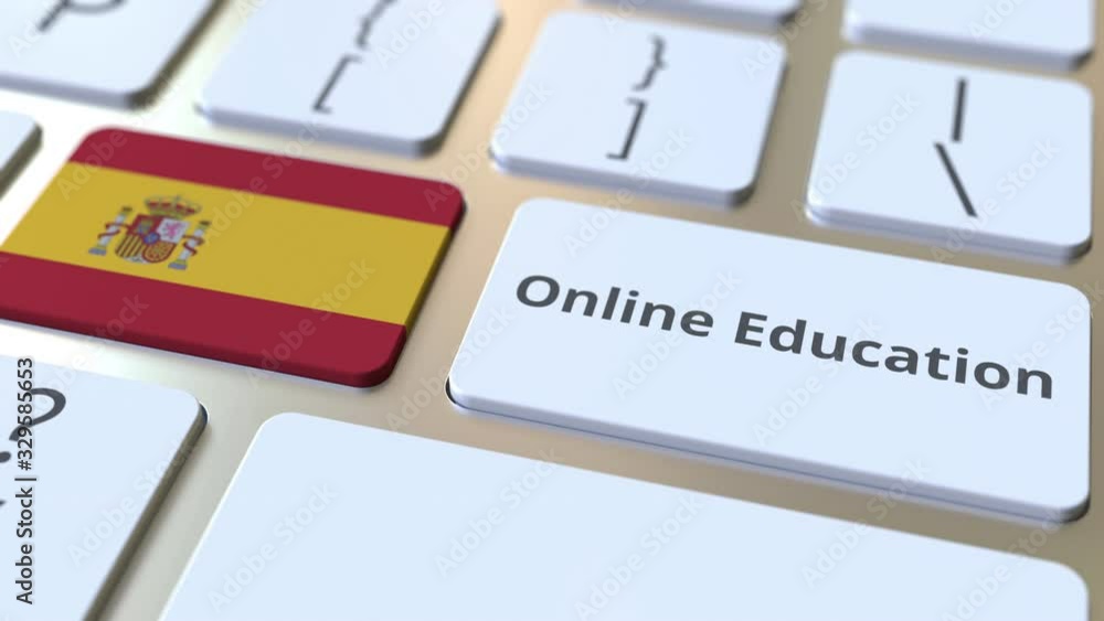 Aufkleber online education text and flag of spain on the buttons on the computer keyboard. modern professional
