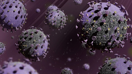 3D render of a virus/bacteria to show as much detail as possible in the image. The main color is purple and black.