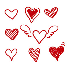 hand drawn Doodle hearts, hand drawn love heart collection. red color vector