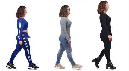 the same woman walking with different types of clothes on white background