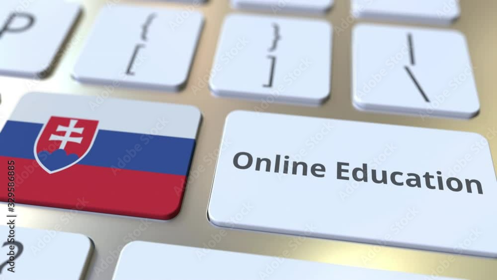 Poster online education text and flag of slovakia on the buttons on the computer keyboard. modern professio