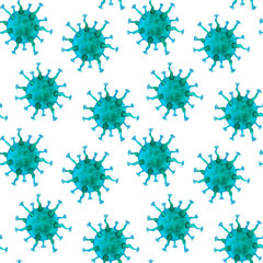 Coronavirus, seamless pattern with hand painted watercolor illustrations, background with bright colorful viruses, abstract round objects