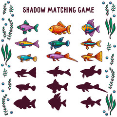 Shadow matching game quiz for children aquarium fish vector