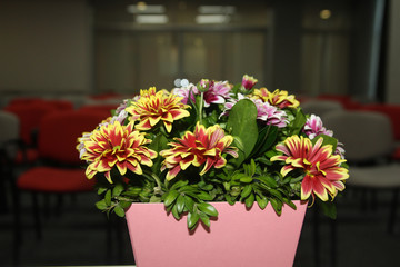 Flowers composition on table in empty conference room, office.