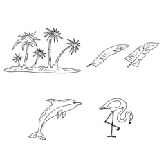 Linear  hand drawn vector illustration with palm trees, flamingo, dolphin. 