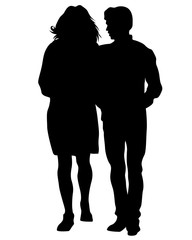 Young man and woman walking down the street. Isolated silhouette on a white background