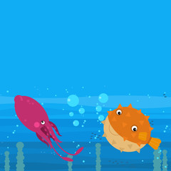 Funny cartoon undersea scene with swimming coral reef fishes illustration