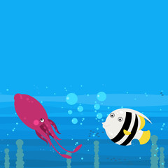 Funny cartoon undersea scene with swimming coral reef fishes illustration