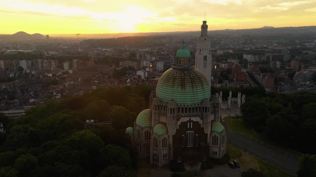 Aerial view of &Eacute;glise du Sacr&eacute;-Coeur de Cointe church, Li&egrave;ge-Guillemins railway station and La Tour des Finances before sunset