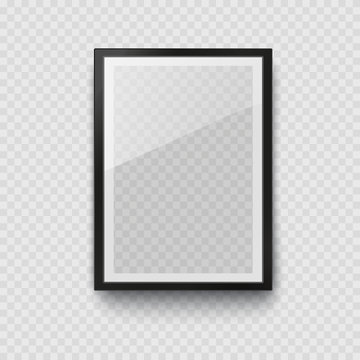 Frame mockup template isolated on transparent wall background. Realistic blank vertical picture or photograph border. Vector glass black photoframe for interior artwork design..