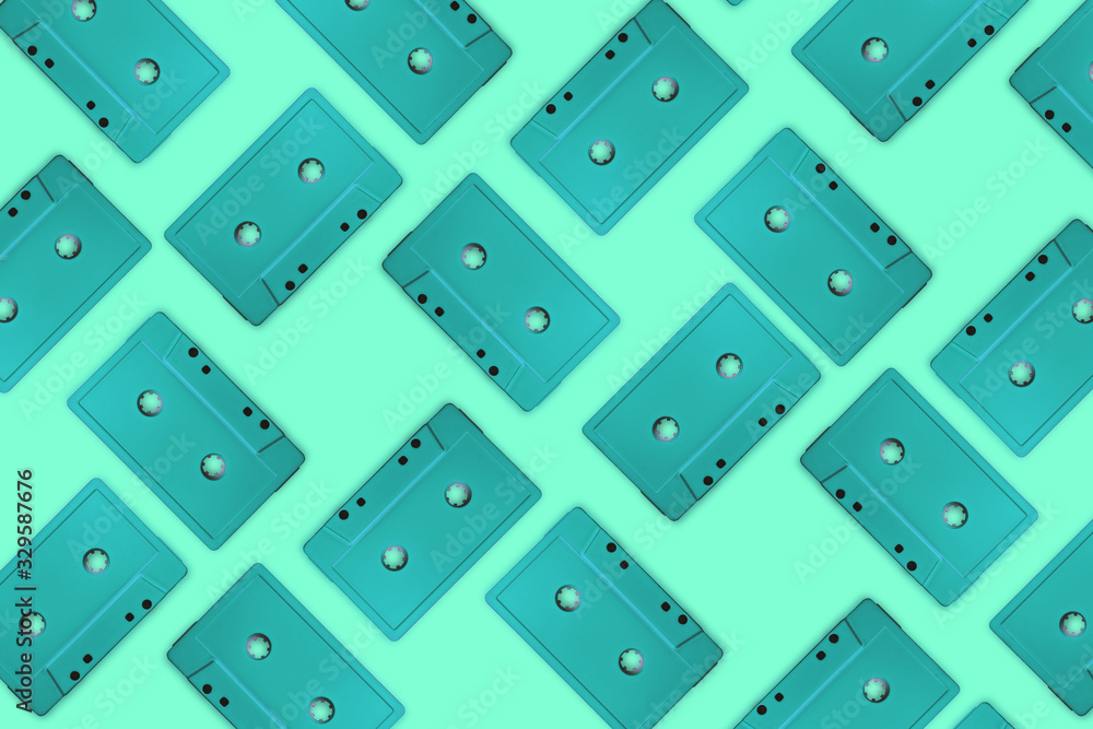 Poster beautiful aqua menthe magnetic cassette tapes flat background pattern for design. creative concept o