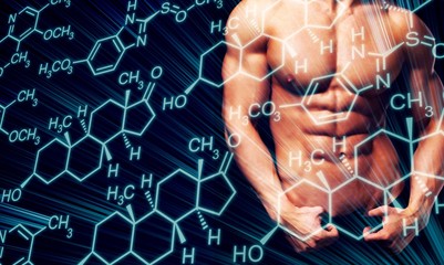 Perfect man body on chemical structure background