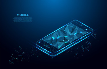 Mobile phone. Communication app smartphone concept. Abstract Low-poly wireframe vector technology isometric illustration.  Device screen.  Polygonal wireframe silhouette. Mesh art.
