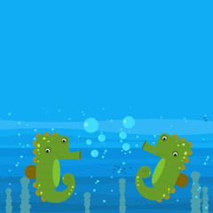 Funny cartoon undersea scene with swimming coral reef fishes illustration