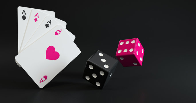 Four Aces And Dices Black And Pink Isolated On The Black Background - 3D Illustration