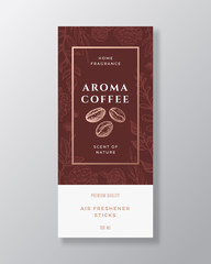 Coffee Beans Home Fragrance Abstract Vector Label Template. Hand Drawn Sketch Flowers, Leaves Background and Retro Typography. Premium Room Perfume Packaging Design Layout. Realistic Mockup.