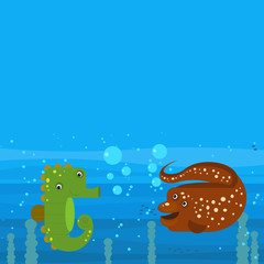 Funny cartoon undersea scene with swimming coral reef fishes illustration