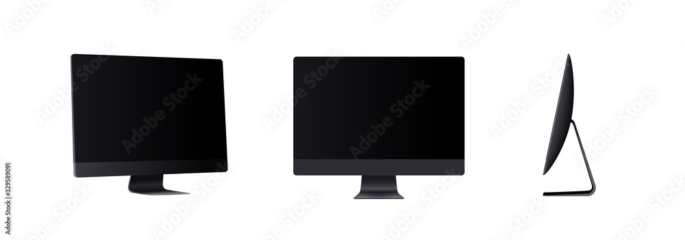 Wall mural realistic computer screen mockup in different angles isolated. perspective view display with black e