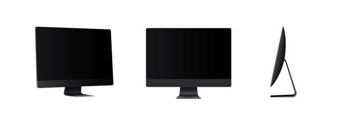 Realistic computer screen mockup in different angles isolated. Perspective view display with black empty screen isolated on white background for showing website or business presentation.