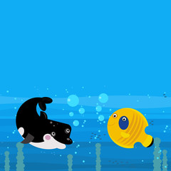 Funny cartoon undersea scene with swimming coral reef fishes illustration