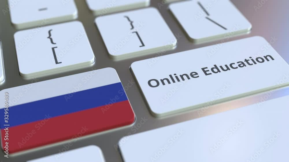 Aufkleber online education text and flag of russia on the buttons on the computer keyboard. modern professiona