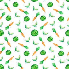 Seamless pattern with watercolor vegetables. Carrots, lettuce, cabbage. Watercolor illustration. Vegetarianism fresh food. Fresh vegetables, vegetable pattern. Design for textiles, packaging, fabrics,