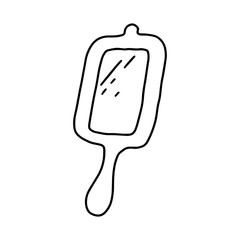 Mirror with Doodle handle illustration.Black and white image.Care items.Women s mirror.Isolated on a white background.Outline drawing by hand.Vector illustration.