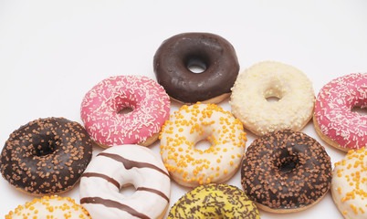 Delicious donuts on white color background.